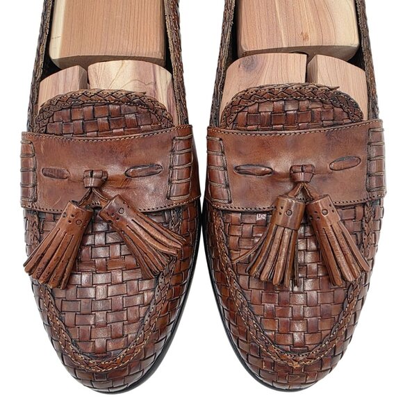 Vintage Bragano Cole Haan Brown Leather Woven Tassel Loafers Mens 9N Dress Shoes - Picture 2 of 11